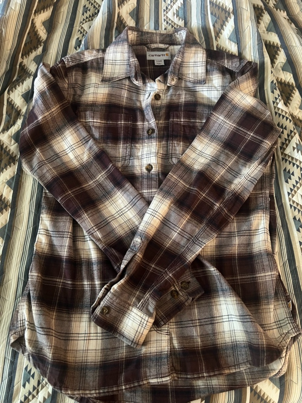 Carhartt Women’s Brown and Cream Plaid Button-Down Shirt